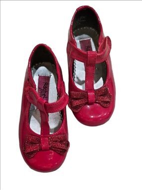 Rachel Shoes Red Patent T-Strap Dress Shoes with Glitter Bow
